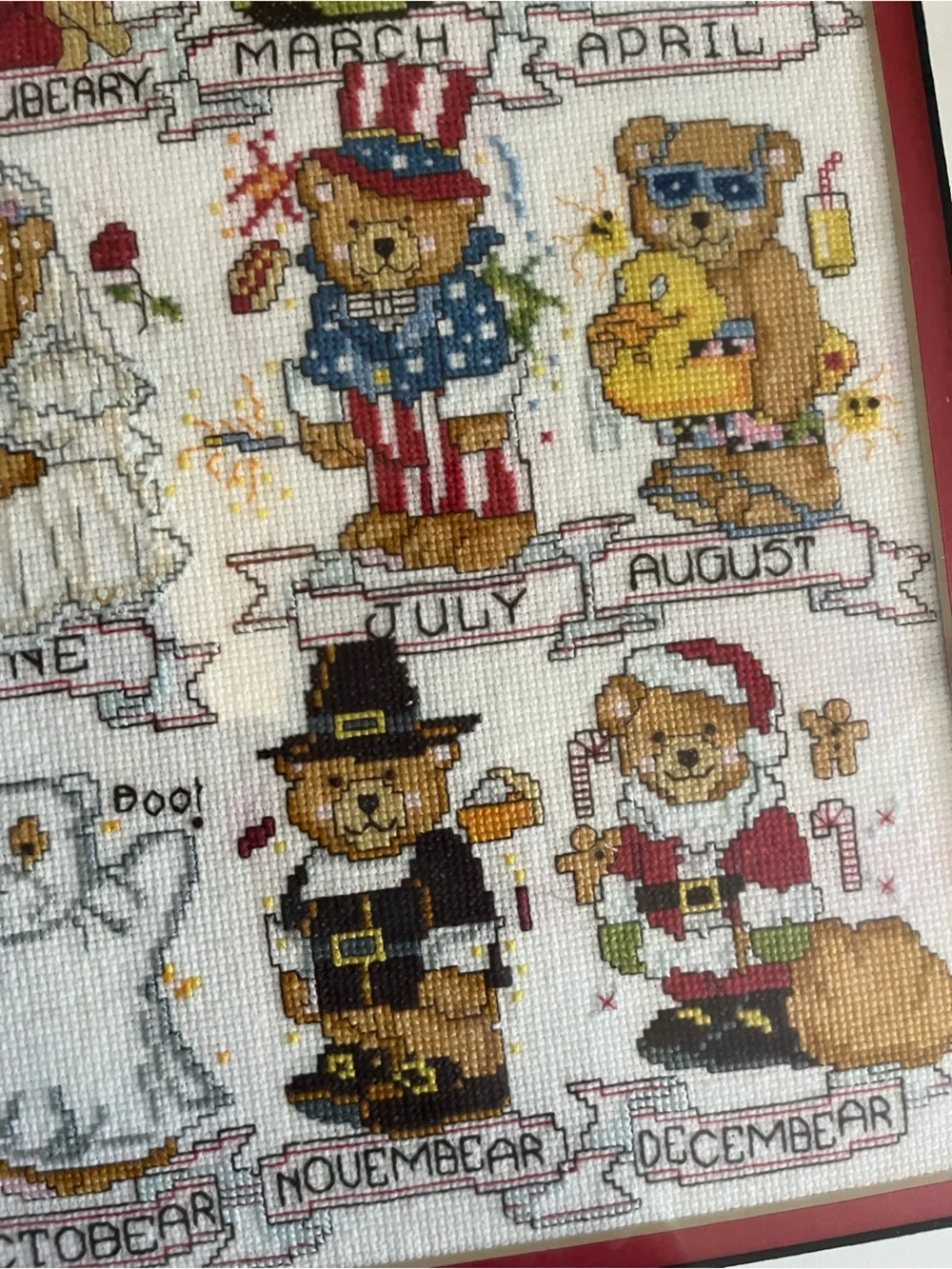 Framed Completed Calendar Bears Cross stitch Art needlework folk 80s 90s 🐻 🇺🇸 🗓️
